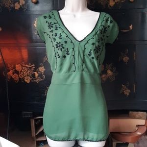Womens Green Sleeveless Embroidered Top XXL